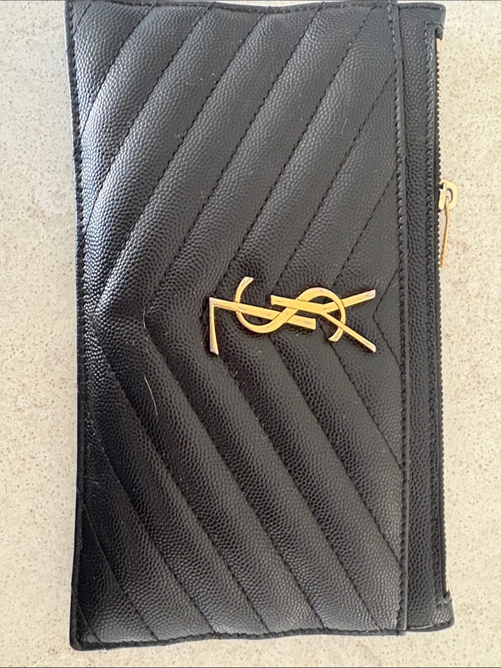 Saint Laurent Black Quilted Leather YSL Zip Pouch with Gold Hardware